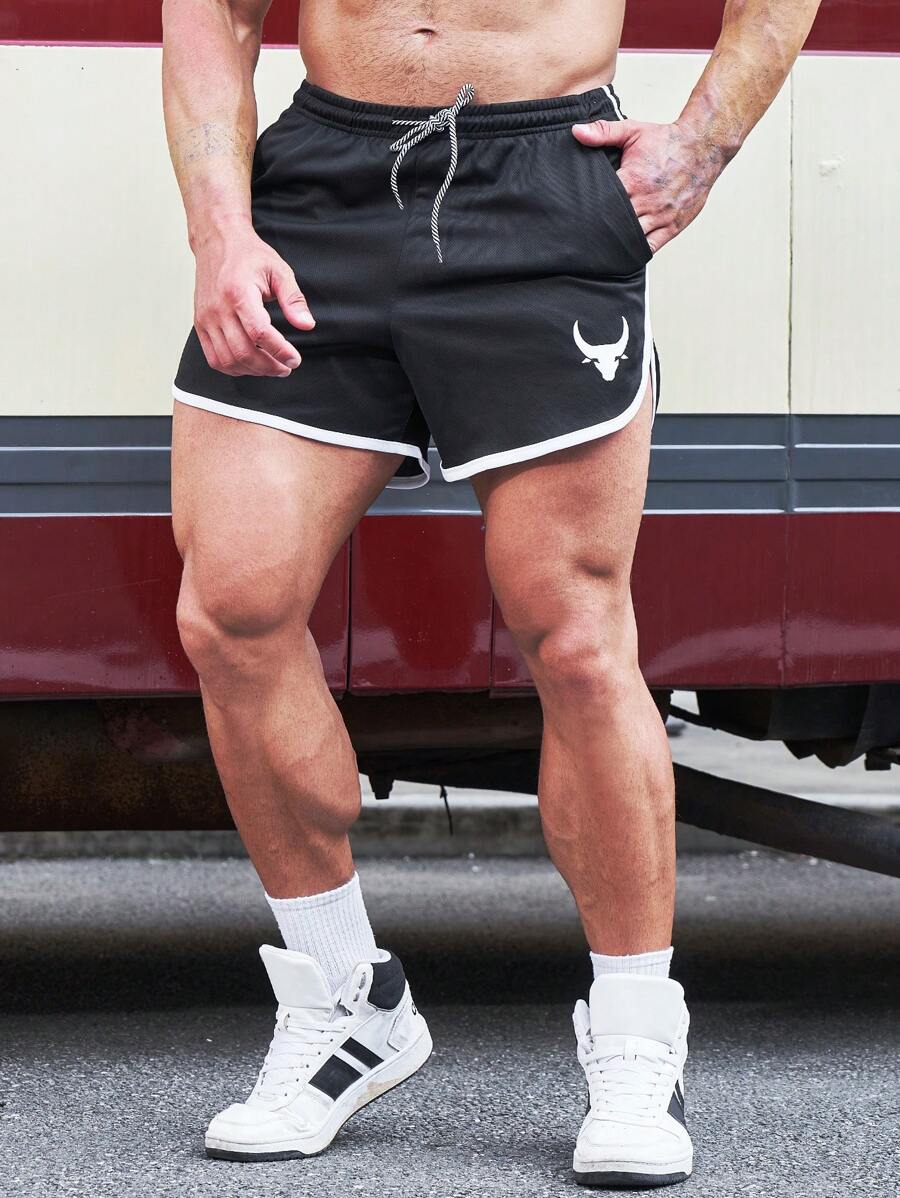 SHEIN Running Hombres Shorts deportivos con estampado de animal de cintura con cordón - Negro - Ver 1
