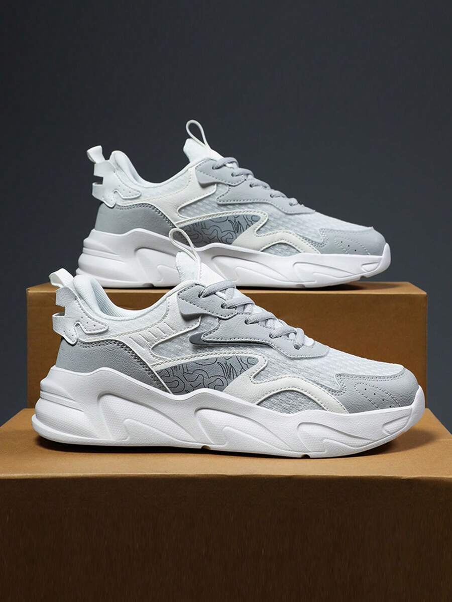 Men Colorblock Lace-up Front Chunky Sneakers, Sporty Sneakers - White - View 1