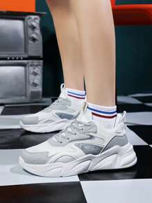 Men Colorblock Lace-up Front Chunky Sneakers, Sporty Sneakers - White - View 3
