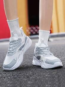 Men Colorblock Lace-up Front Chunky Sneakers, Sporty Sneakers - White - View 4