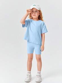 SHEIN Leap Crew 年輕女孩落肩t恤和摩托車短褲 - 淺藍色 - 查看 3