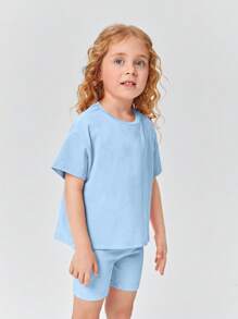 SHEIN Leap Crew 年輕女孩落肩t恤和摩托車短褲 - 淺藍色 - 查看 4