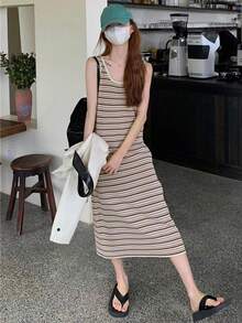 Striped Print Tank Dress - Mauve Purple - View 4