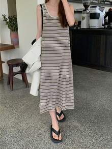 Striped Print Tank Dress - Mauve Purple - View 5