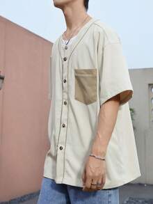 Aesthetic Post Hombres Camisa en contraste con bolsillo con botón delantero - Caqui - Ver 3