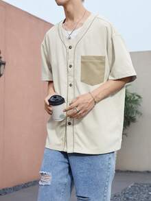 Aesthetic Post Hombres Camisa en contraste con bolsillo con botón delantero - Caqui - Ver 4