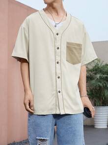 Aesthetic Post Hombres Camisa en contraste con bolsillo con botón delantero - Caqui - Ver 6