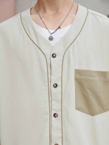 Aesthetic Post Hombres Camisa en contraste con bolsillo con botón delantero - Caqui - Ver 7