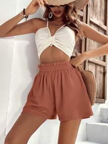 SHEIN VCAY 紙袋腰闊腿短褲 - 藕粉色 - 查看 4