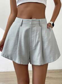 Muchica Solid Plicated Detail Wide Leg Shorts - Grey - View 4