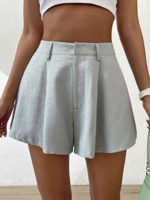 Muchica Solid Plicated Detail Wide Leg Shorts - Grey - View 6