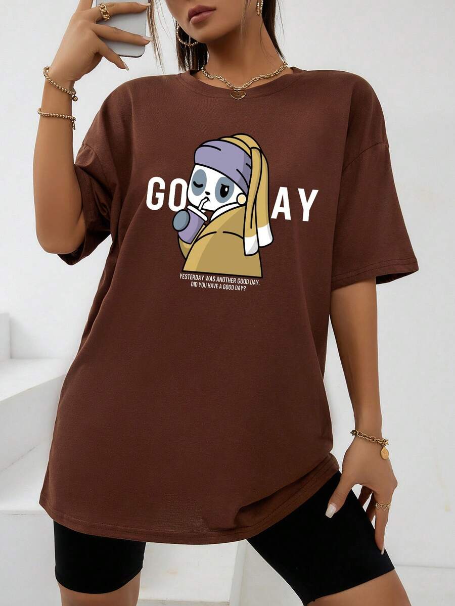 SHEIN EZwear 卡通和標語圖案落肩T恤 - 棕色 - 查看 1