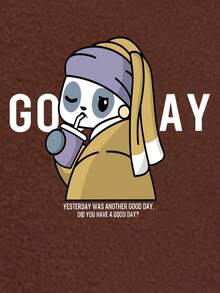 SHEIN EZwear 卡通和標語圖案落肩T恤 - 棕色 - 查看 3