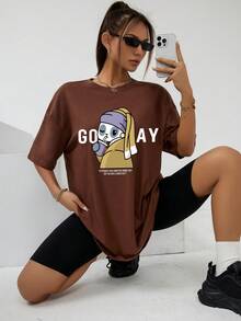 SHEIN EZwear 卡通和標語圖案落肩T恤 - 棕色 - 查看 5