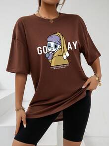 SHEIN EZwear 卡通和標語圖案落肩T恤 - 棕色 - 查看 6