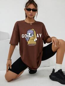 SHEIN EZwear 卡通和標語圖案落肩T恤 - 棕色 - 查看 7