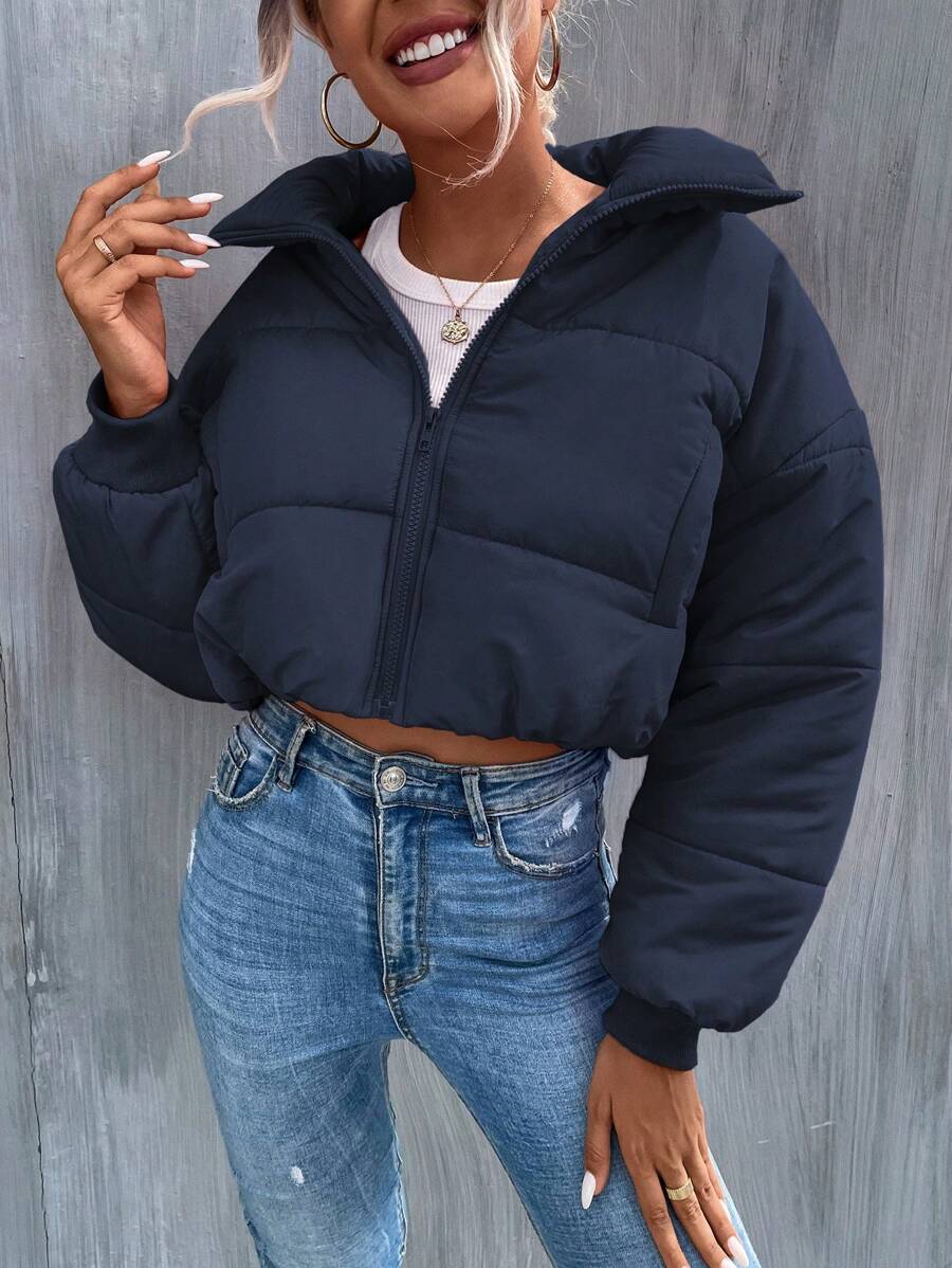 SHEIN Unity 冬季拉链短款加厚棉服外套 - 藏蓝色 - 查看 1