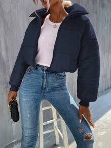 SHEIN Unity 冬季拉链短款加厚棉服外套 - 藏蓝色 - 查看 4