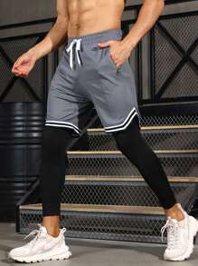 Men 2 In 1 Striped Tape Drawstring Waist Sport Trousers - Multicolor - View 1
