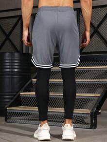 Men 2 In 1 Striped Tape Drawstring Waist Sport Trousers - Multicolor - View 2