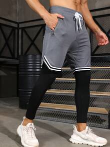 Men 2 In 1 Striped Tape Drawstring Waist Sport Trousers - Multicolor - View 4