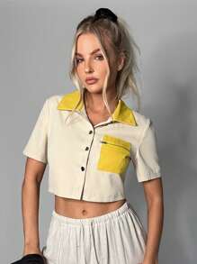 Muchica Contrast Collar Crop Shirt - Multicolor - View 1