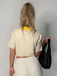 Muchica Contrast Collar Crop Shirt - Multicolor - View 2