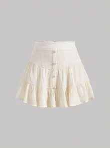 SHEIN MOD Váy nữ Viên lá sen phân lớp Dây kéo Nút phía trước màu trơn Giải trí - Màu be - Xem 1