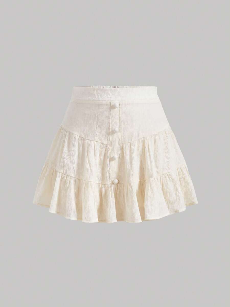 SHEIN MOD Váy nữ Viên lá sen phân lớp Dây kéo Nút phía trước màu trơn Giải trí - Màu be - Xem 1