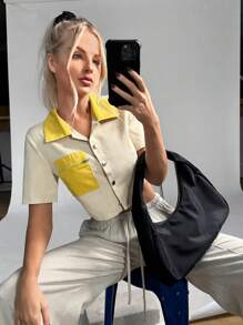 Muchica Contrast Collar Crop Shirt - Multicolor - View 4