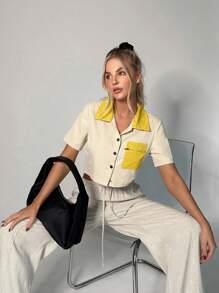 Muchica Contrast Collar Crop Shirt - Multicolor - View 5