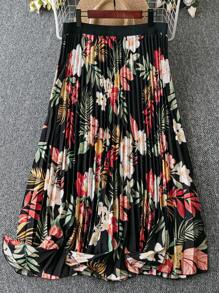 SHEIN LUNE Plus Tropical & Floral Print Pleated Skirt - Black - View 1