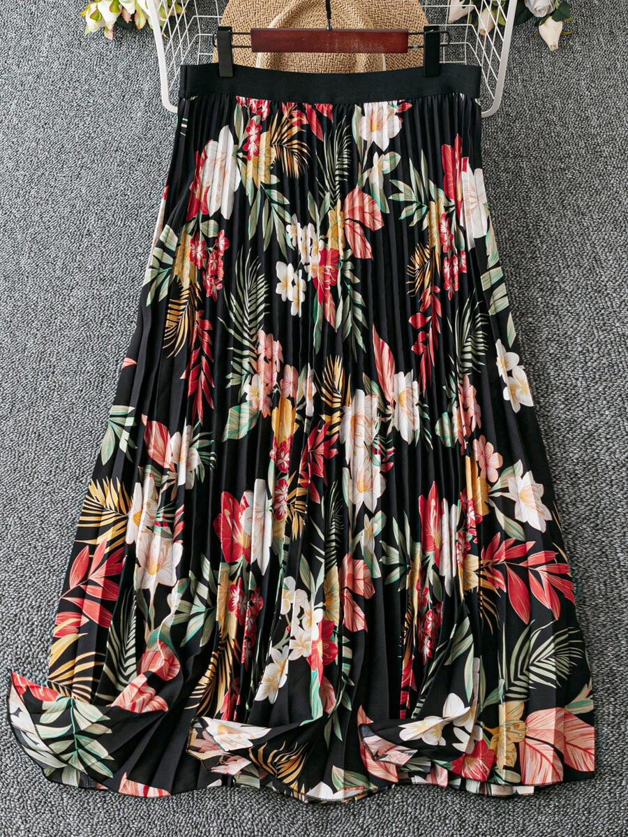 SHEIN LUNE Plus Tropical & Floral Print Pleated Skirt - Black - View 1