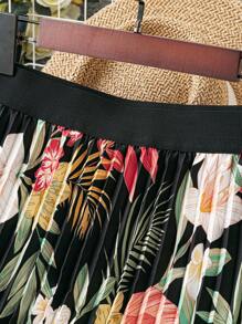 SHEIN LUNE Plus Tropical & Floral Print Pleated Skirt - Black - View 5