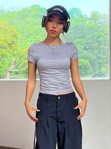 SHEIN EZwear Camiseta Corta Fruncida Lisa Con Tops De Primavera - Gris Claro - Ver 4