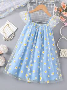 SHEIN Young Girl Daisy Print Mesh Overlay Dress - Blue - View 1
