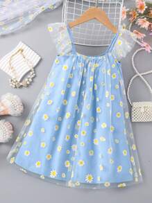 SHEIN Young Girl Daisy Print Mesh Overlay Dress - Blue - View 2