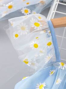 SHEIN Young Girl Daisy Print Mesh Overlay Dress - Blue - View 4