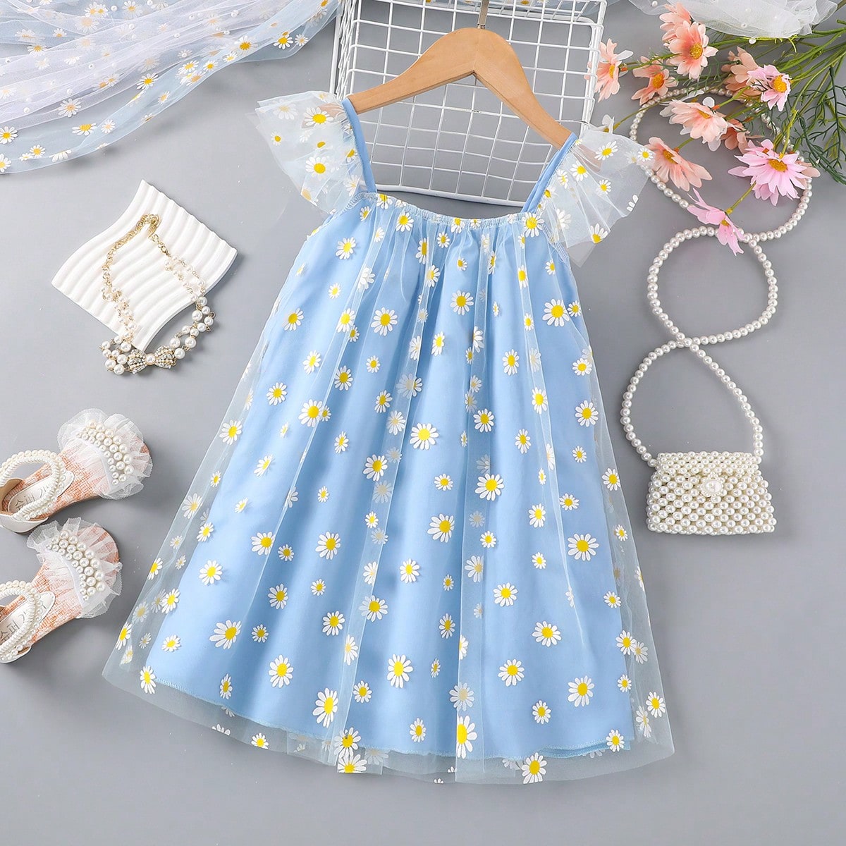 Vestido Florido Con Malla Superpuesta Para Niñas Jóvenes