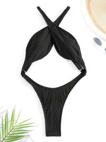 Swim SXY 鏤空交叉吊脖連體泳衣 - 黑色 - 查看 4