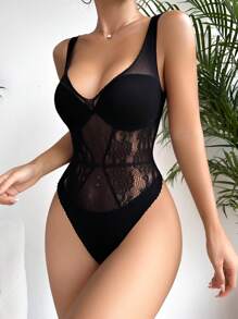 蕾絲拼接鋼圈性感緊身連體衣 - 黑色 - 查看 3