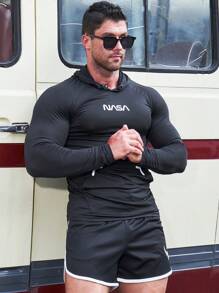 SHEIN Running Men Letter Graphic Raglan Sleeve Kangaroo Pocket Sports Sweatshirt - Black - View 3