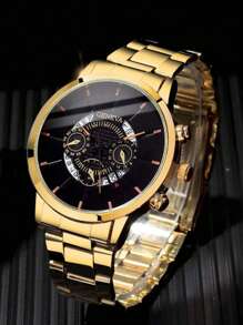 3PCS Gold Business Quartz Watch And Gold Lion Bracelets, Suitable For Daily Use And Wearing In Business Settings