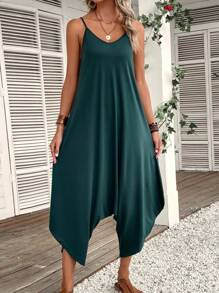 SHEIN LUNE Áo liền quần nữ Bất đối xứng màu trơn Giải trí - Màu xanh lá cây đậm - Xem 1