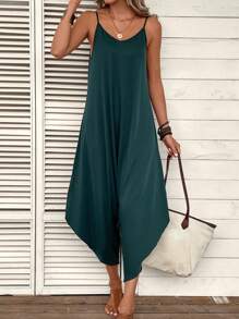 SHEIN LUNE Áo liền quần nữ Bất đối xứng màu trơn Giải trí - Màu xanh lá cây đậm - Xem 3