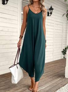 SHEIN LUNE Áo liền quần nữ Bất đối xứng màu trơn Giải trí - Màu xanh lá cây đậm - Xem 4