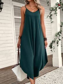 SHEIN LUNE Áo liền quần nữ Bất đối xứng màu trơn Giải trí - Màu xanh lá cây đậm - Xem 5