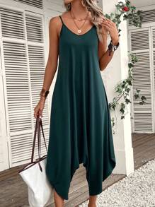 SHEIN LUNE Áo liền quần nữ Bất đối xứng màu trơn Giải trí - Màu xanh lá cây đậm - Xem 6