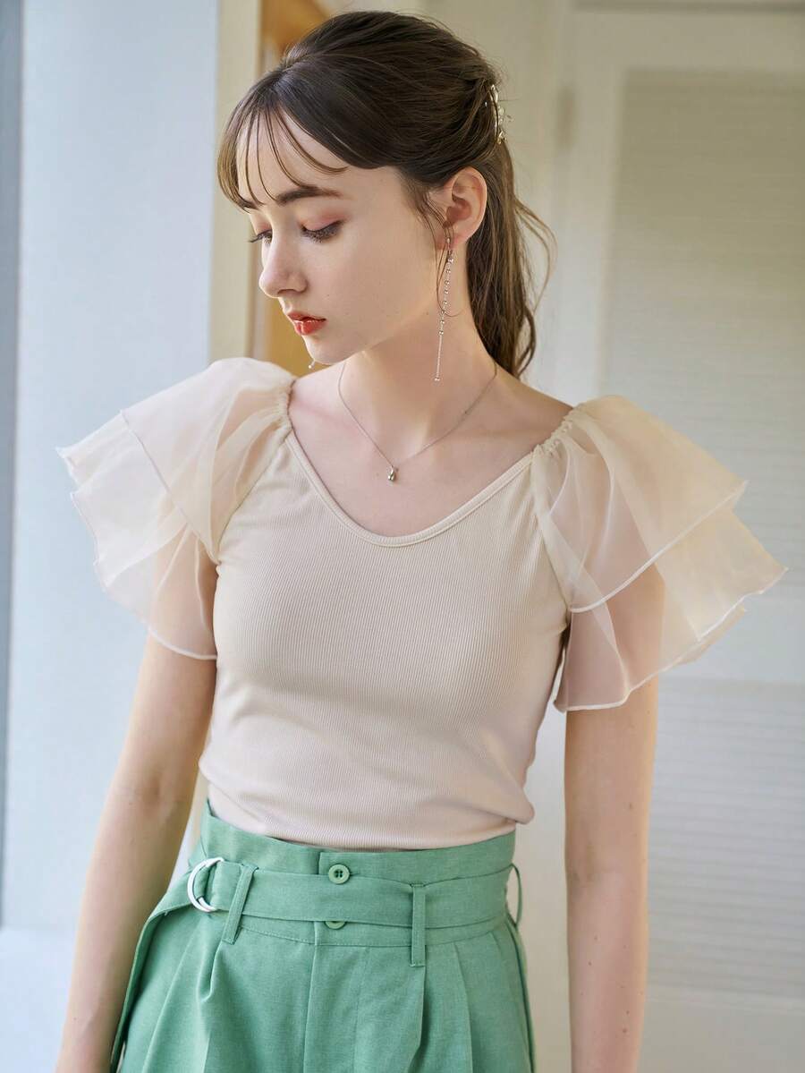 DAZY Solid Ruffle Trim Tee - Beige - View 1