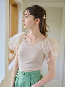 DAZY Solid Ruffle Trim Tee - Beige - View 5
